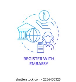 Register with embassy blue gradient concept icon. International ID document. Expat consulate services abstract idea thin line illustration. Isolated outline drawing. Myriad Pro-Bold font used