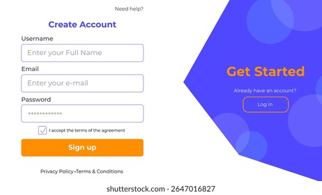 Register form with login and password fields. Registration screen with password and username input. Minimalistic template for websites