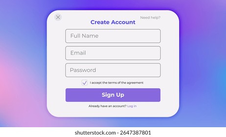 Register form with login and password fields. Vector illustration of sign up in user interfaces. Minimalistic registration screen for web