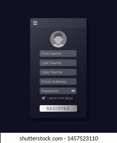 Register form, mobile ui design, dark theme