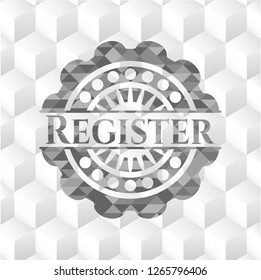 Register grey badge with geometric cube white background