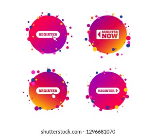 Register with hand pointer icon. Mouse cursor symbol. Membership sign. Gradient circle buttons with icons. Random dots design. Vector