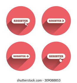 Register with hand pointer icon. Mouse cursor symbol. Membership sign. Pink circles flat buttons with shadow. Vector