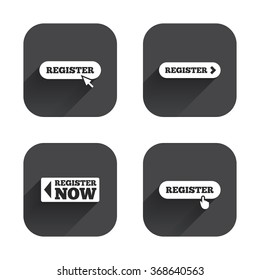Register with hand pointer icon. Mouse cursor symbol. Membership sign. Square flat buttons with long shadow.