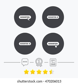Register with hand pointer icon. Mouse cursor symbol.  Star vote ranking. Vector