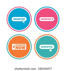 Register with hand pointer icon. Mouse cursor symbol. Membership sign. Colored circle buttons. Vector