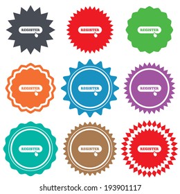 Register with hand pointer sign icon. Membership symbol. Website navigation. Stars stickers. Certificate emblem labels. Vector