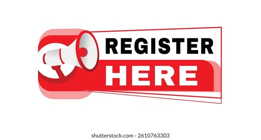 Register hee banner, tag  for announce. Design template, flat vector label illustration isolated.