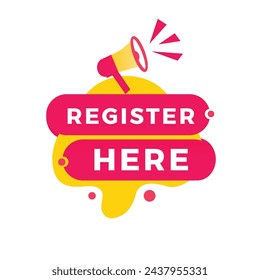 Register here sign, red ribbon for banner flat style. Vector design template.