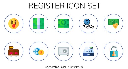 register icon set. 10 flat register icons.  Simple modern icons about  - money, cash register, safebox, cashier, login