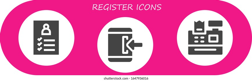 register icon set. 3 filled register icons.  Simple modern icons such as: Register, Login, Cash