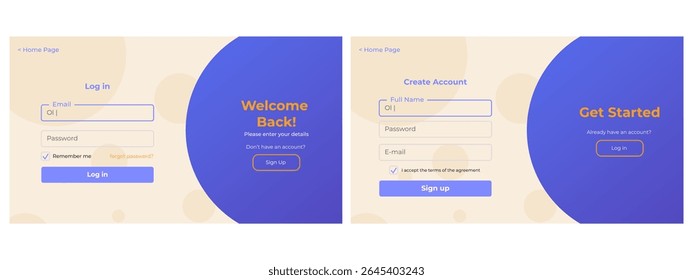 Register and login page layout with email and password fields. Simple and modern sign up and sign in form design for websites