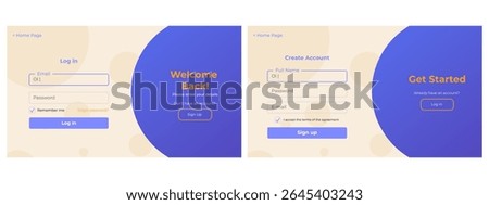 Register and login page layout with email and password fields. Simple and modern sign up and sign in form design for websites