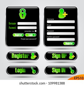 Register and login panels and buttons