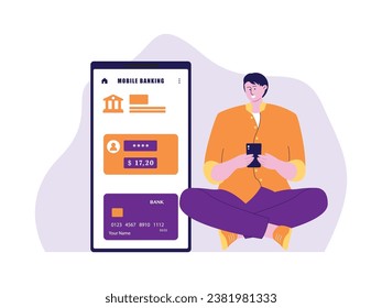 Register for the mobile banking application, log in using a verified account to make transactions easier, bank vector illustration.