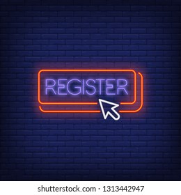 Register neon sign. Website button on brick wall background. Vector illustration in neon style for banners, website interface, web design