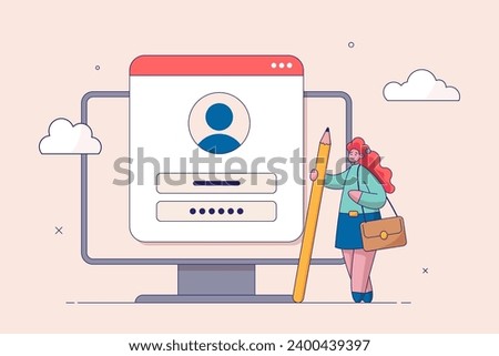 Register new user account concept. Registration form or submission, sign up information online, apply new job or membership, self service, businesswoman with pencil complete online registration form.