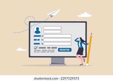 Register new user account, registration form or submission, sign up information online, apply new job or membership, self service concept, businesswoman with pencil complete online registration form.