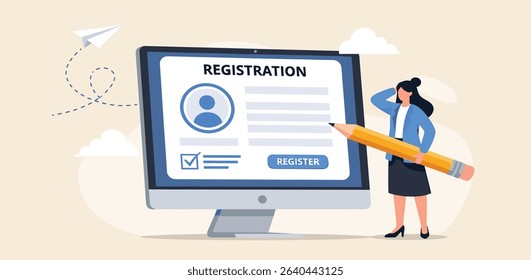 Register new user account, registration form or submission, sign up information online, apply new job or membership, self service concept, businesswoman with pencil complete online registration form