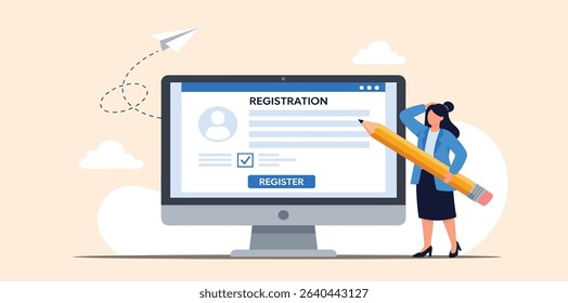 Register new user account, registration form or submission, sign up information online, apply new job or membership, self service concept, businesswoman with pencil complete online registration form