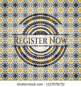 Register Now arabic style badge. Arabesque decoration.