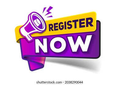 Register now badge vector isolated on white. An ad button with a speaker. Register now to receive a vector banner. Free registration in megafon.Loudspeaker vector banner. Register now ribbon tag.
