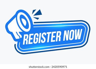 Register now badge vector isolated on white. Create app account from smartphone, sign up, register now. Click button. Speech bubble with text "Register now!" and megaphone icon.
