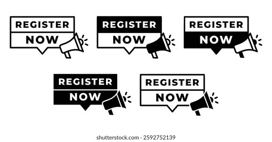 register now banner label sticker with megaphone icon vector design black white color illustration set isolated