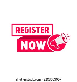 Register now banner, megaphone icon flat design. Vector illustration on white background.
