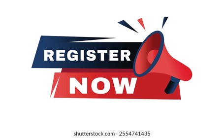 Register now banner modern label with Loudspeaker vector element. design template.