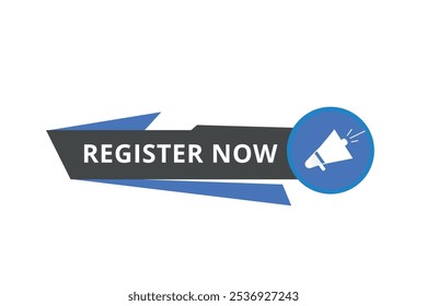 Register now banner modern template Vector label with colorful design. Web element  with megaphone.