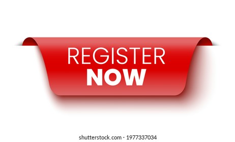 Register now banner. Red tag. Label. Vector illustration.