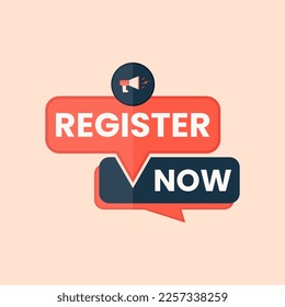 register now banner vector bubble label with megaphone