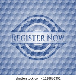 Register Now blue polygonal emblem.