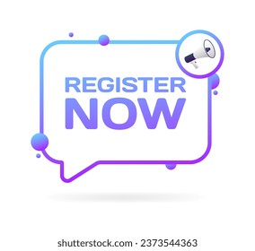 Register now bubble. Outline, purple, register now, message bubble, register now. Vector icon