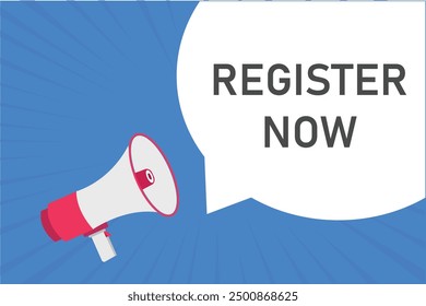 register now button, banner, label, template for website. register now text with colorful megaphone icon
