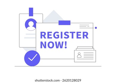 Register now button concept. Windows with user profile button, account log in, computing, avatar. Flat Cartoon Vector Illustration, icon. Stylish abstract design landing page
