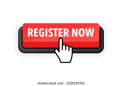 Register now button with cursor. Pointer click. Vector web button.