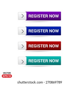 Register Now Button. New Account Button Abstract beautiful text button with icon. Purple Button, Blue Button, Red Button, Green Button. web design element. Call to action gray icon button