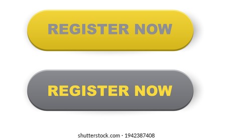 Register now button. Register now sign. Push button. 3d vector in yellow and gray colors isolated on white background.