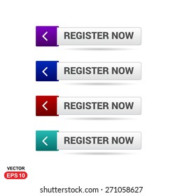 Register Now Buttons. Abstract beautiful text button with icon. Purple Button, Blue Button, Red Button, Green Button, Turquoise button. web design element. Call to action icon button. Banner Set