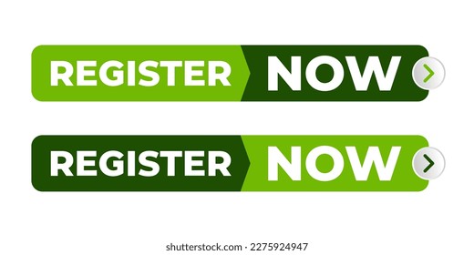 Register Now Buttons with an arrow. Green Colors, Modern Design Template for Icon, Sign, Logo, Web, Label, Banner, Registration, Join. Vector Illustration