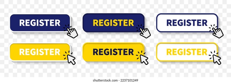 Register now buttons. Registration web buttons set. Vector buttons for registration in services, blogs, websites. User interface web buttons in flat style for UI, mobile app, web