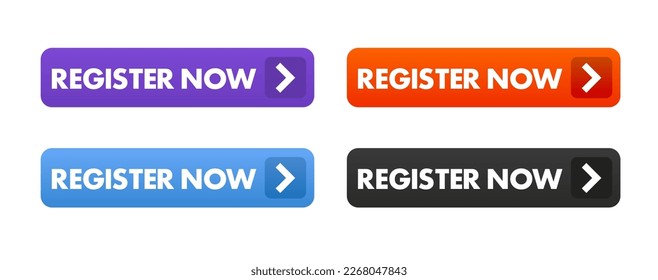 Register now buttons. Set collection of Register now button elements for ui ux web design template. Install symbol, simple design, for website or mobile app. Vector illustration