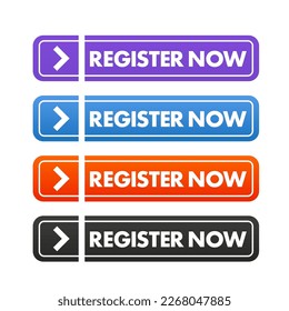 Register now buttons. Set collection of Register now button elements for ui ux web design template. Install symbol, simple design, for website or mobile app. Vector illustration