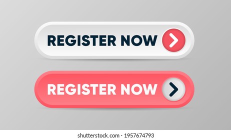 Register now buttons in two options with an arrow. White and red colors. Vector button for registration in services, blogs, websites.