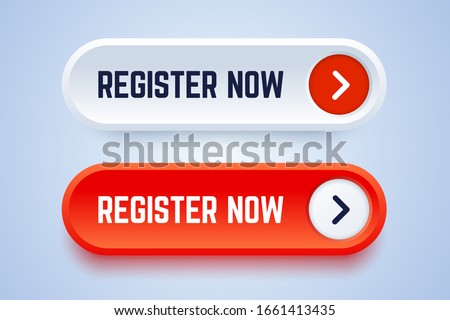 Register now buttons in two options with an arrow. White and red colors. Vector button for registration in services, blogs, websites.