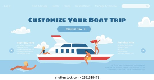 Register now to customize your boat trip. Start marine journey and explore the sea and ocean. Voyage on cruise, ship or vessel. Website landing page template, internet site. Vector in flat style