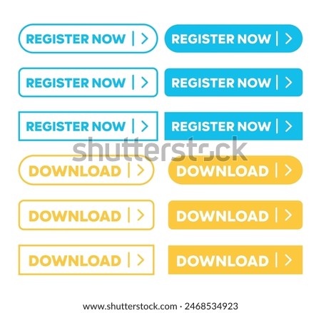Register Now and Download Buttons simple outline style vector. Action Web button with arrow symbol