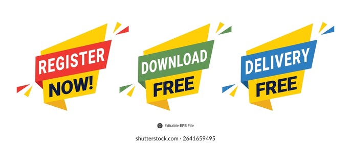 Register Now Download Free Delivery Free Yellow Red Green Blue Banners yellow banner